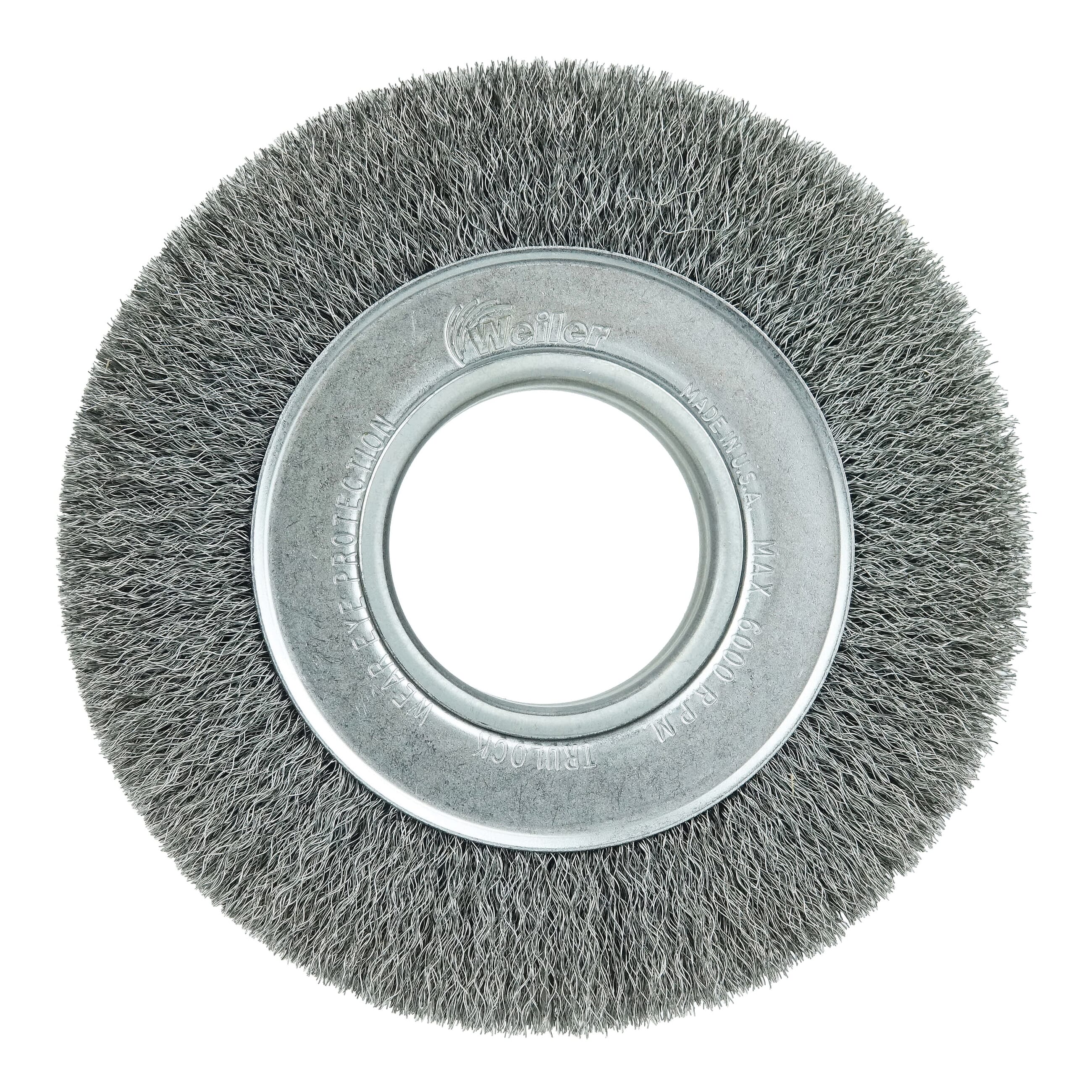 Weiler® 06060 Medium Face Wheel Brush, 6 in Dia Brush, 1 in W Face, 0.0104 in Dia Crimped Filament/Wire, 2 in Arbor Hole